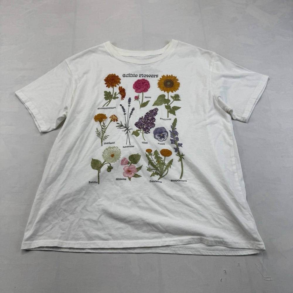 Mighty Fine Women's XL White Edible Flowers Botanical Graphic Tee